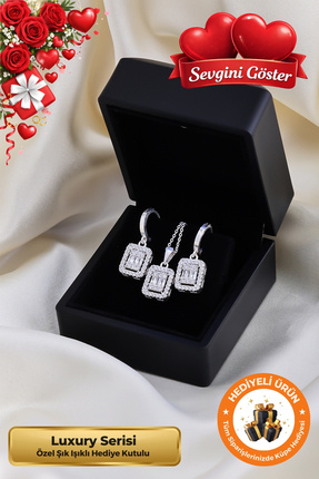 Lucente Jewellery Hediye Kutulu Baget Taşlı Kolye & Küpe 925 Ayar Gümüş Kapla...
