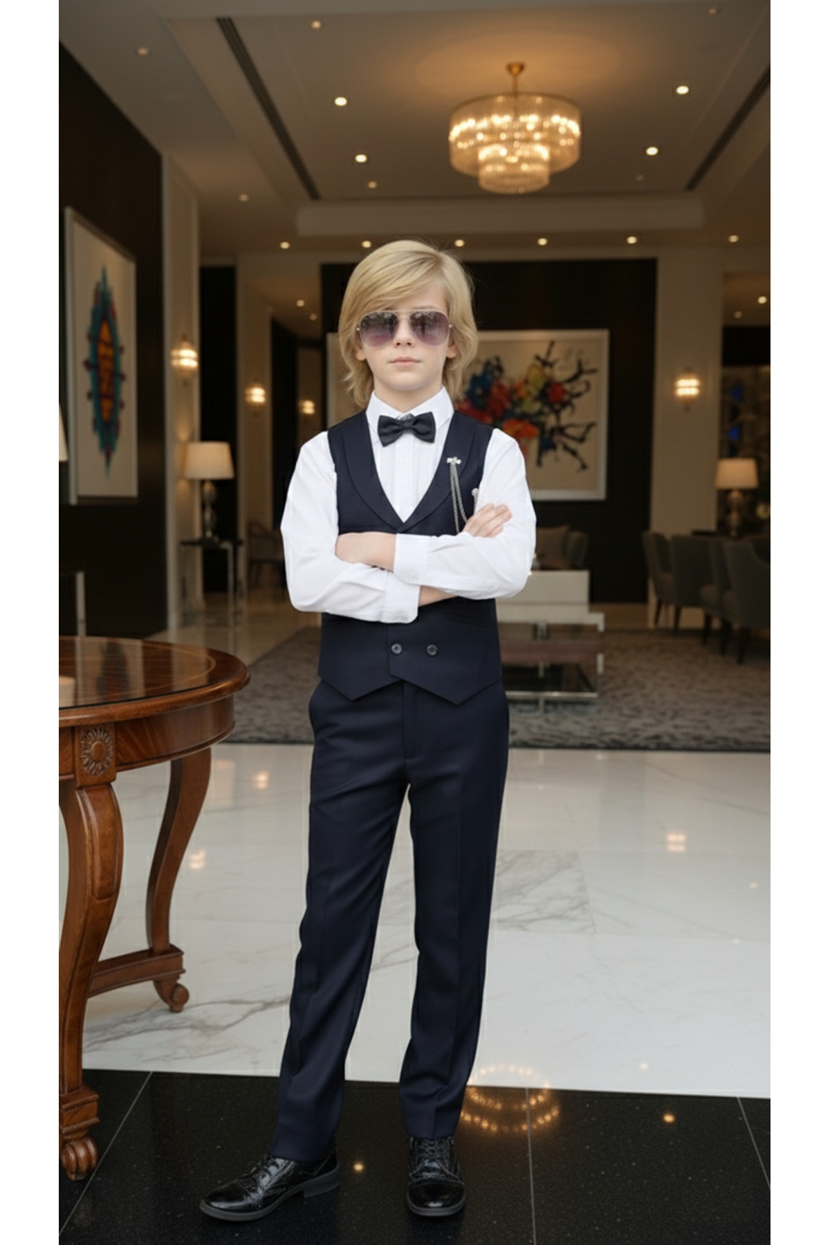 WENA KİDS Erkek Çocuk Smokin Yelekli Takım Elbise Gömlekli Papyonlu Set Lacivert fotoğrafı 3 (önizleme)