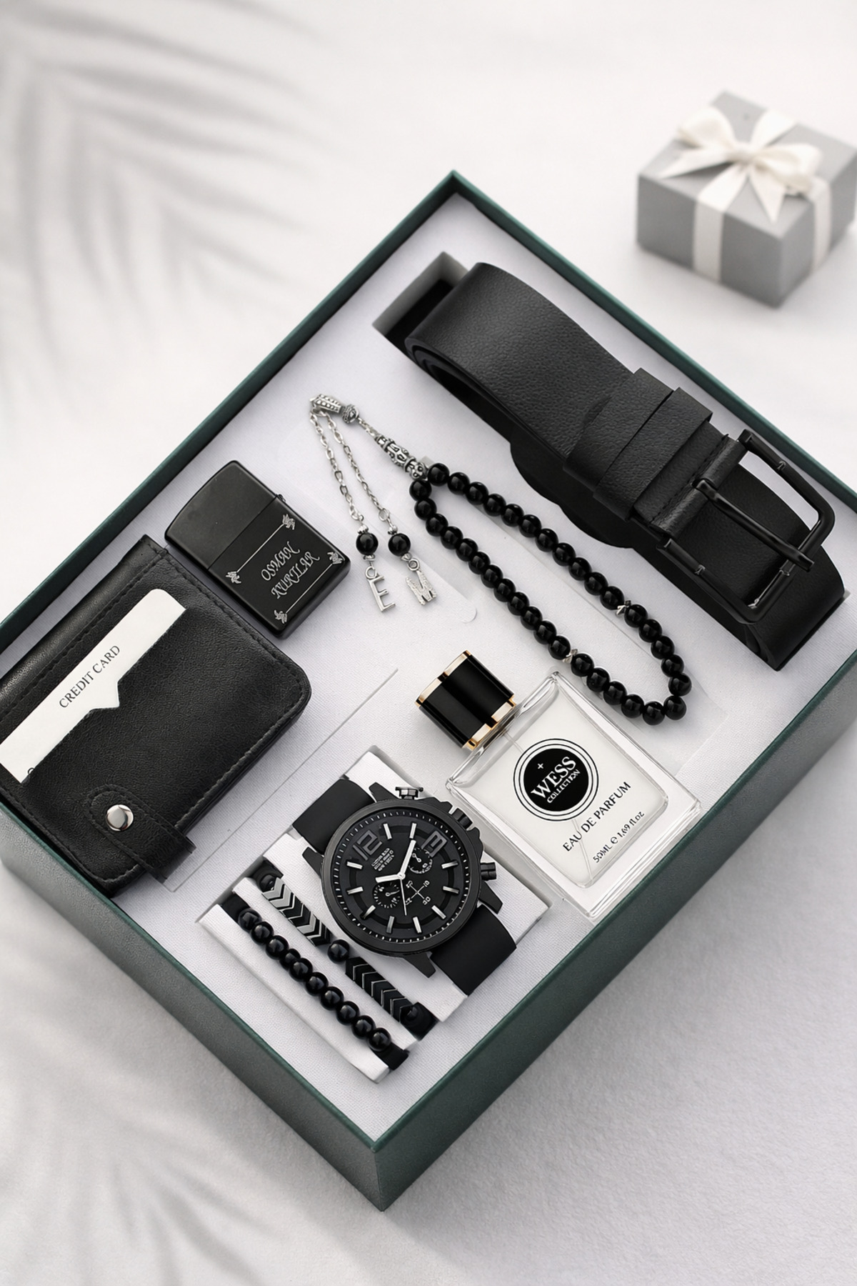 Men's Wrist Watch Perfume Lighter Belt Wallet Rosary and Bracelet Set
