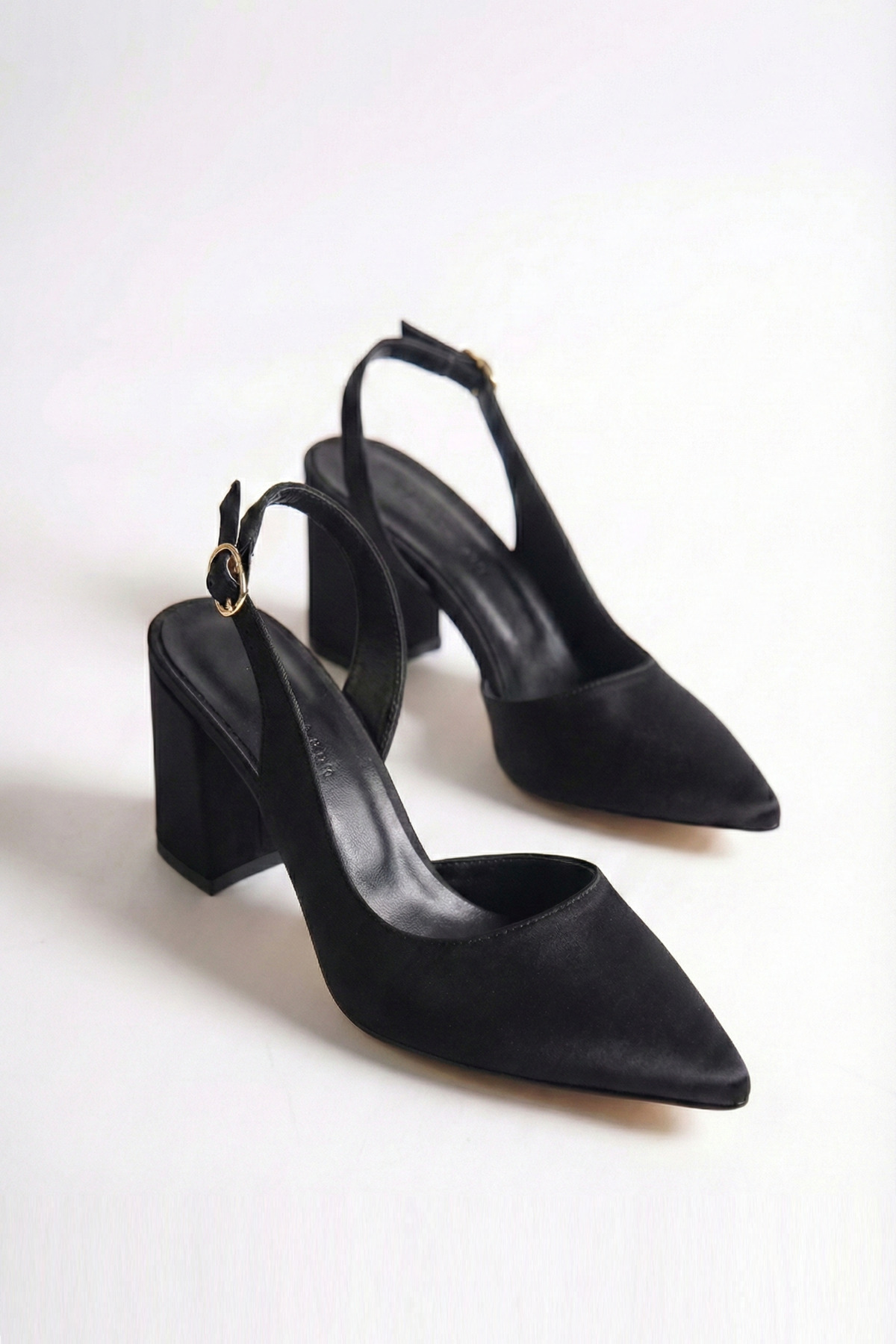 Women's Black Satin Fabric Asymmetrical Banded Pointed Toe Thick Heel Shoes