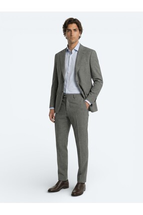 Kip Gri Çizgili %100 Yün Takım Elbise