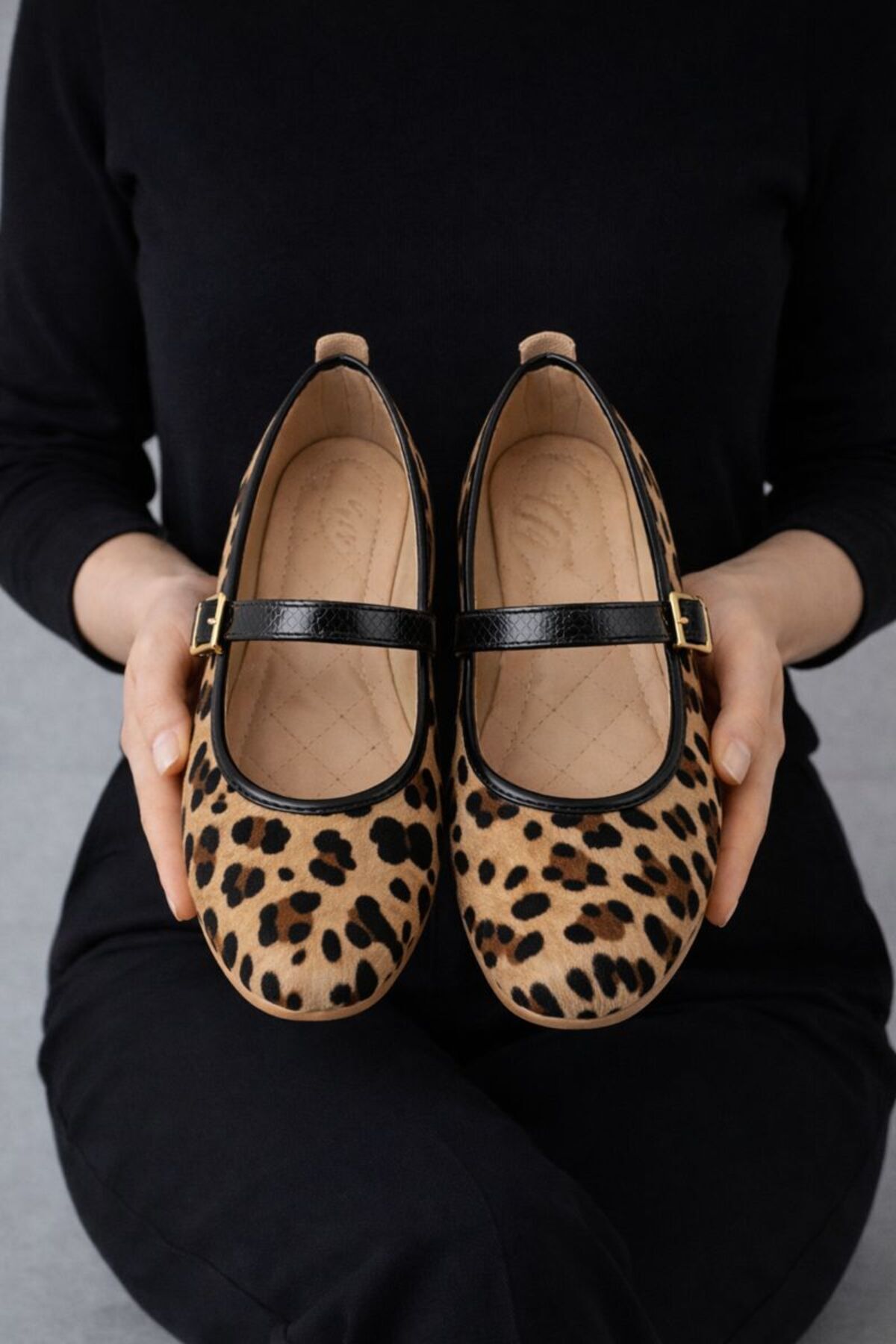 Beyond   Bej Leopar Mary Jane Babet Şık Tokalı Rahat Taban Günlük Ayakkabı 1cm BYNDLCK01