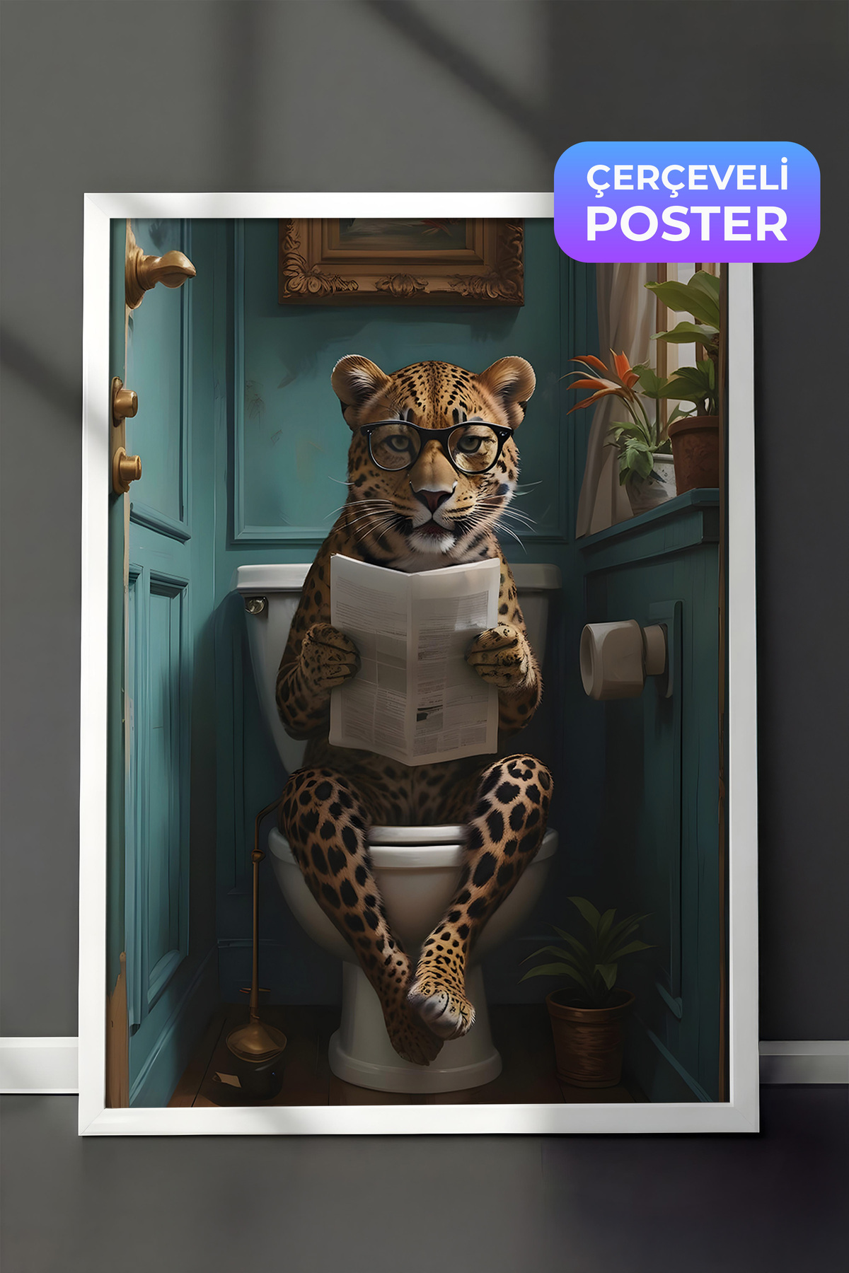 White Framed Table, Leopard in Toilet, Comfort Series Kitchen Wall Table, NO:108926
