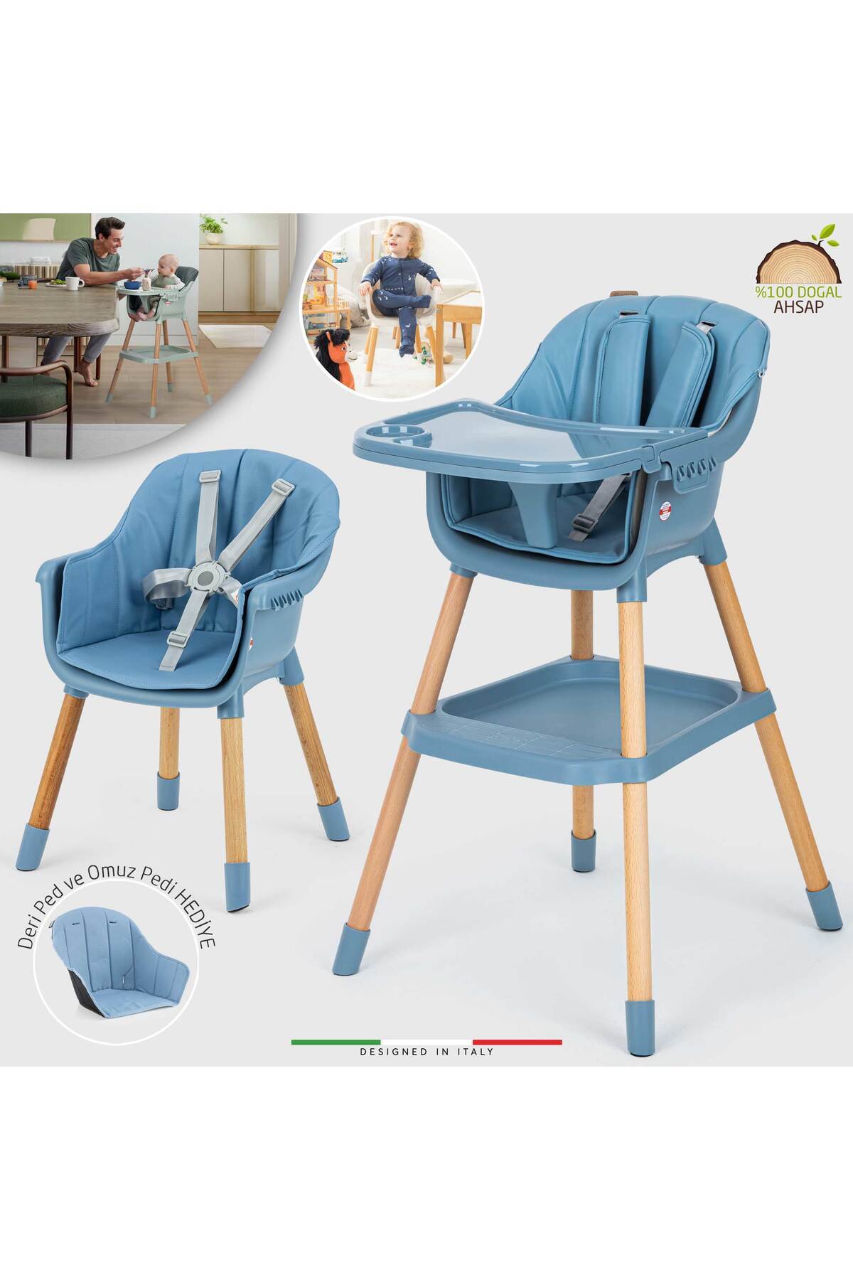 Verona 2 4in1 Wooden Baby Feeding Chair and Feeding Seat Blue with Leather Pad