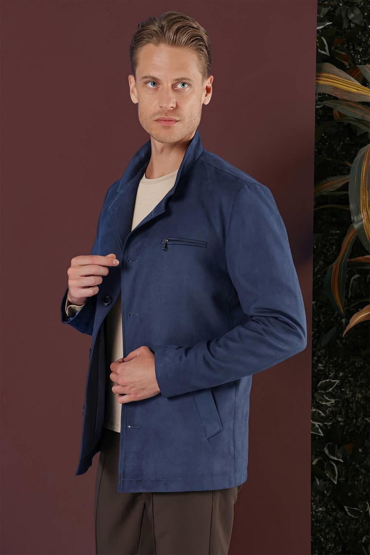 Efor Erkek Slim Fit Havacı Süet Görünümlü Mavi Kaban KA 080 görsel 3