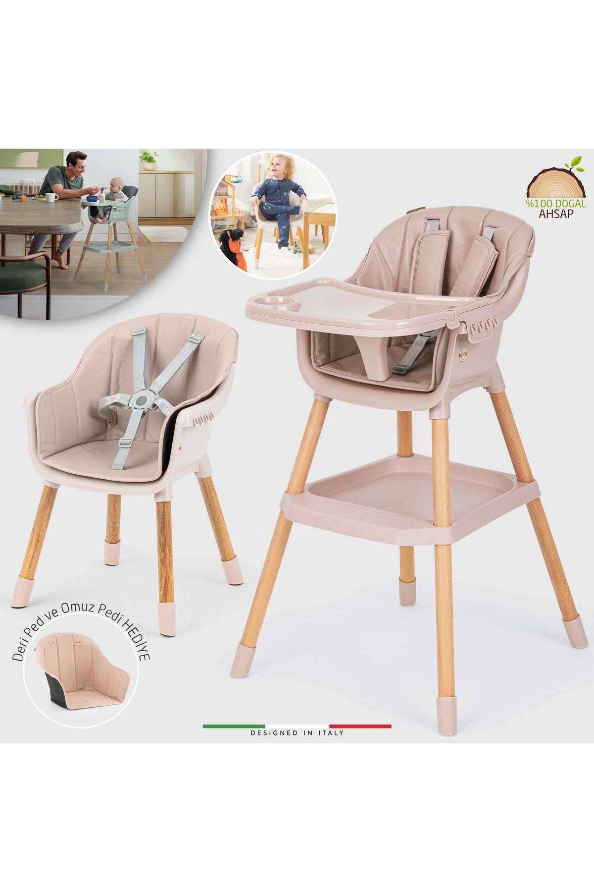 Verona 2 4in1 Wooden Baby Feeding Chair and Feeding Seat Leather Padded Powder