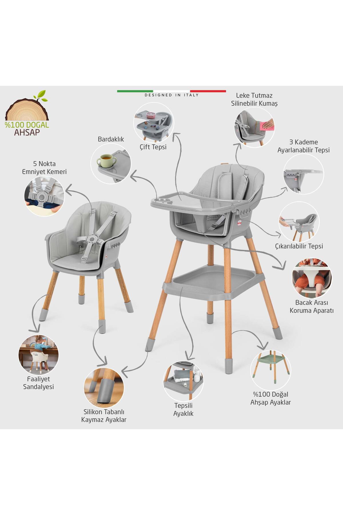 Elele Verona 2 4in1 Ahşap Bebek Mama Sandalyesi ve Mama Oturağı Deri Pedli Gri fotoğrafı 3 (önizleme)