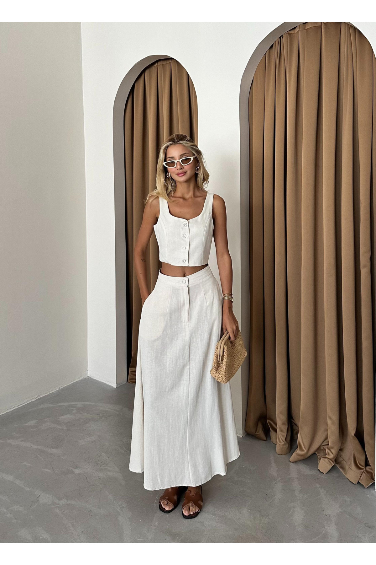 My Blog Kamienna bawełna Guzikowa detaliczna krótka kamizelka Spódnica zestaw...