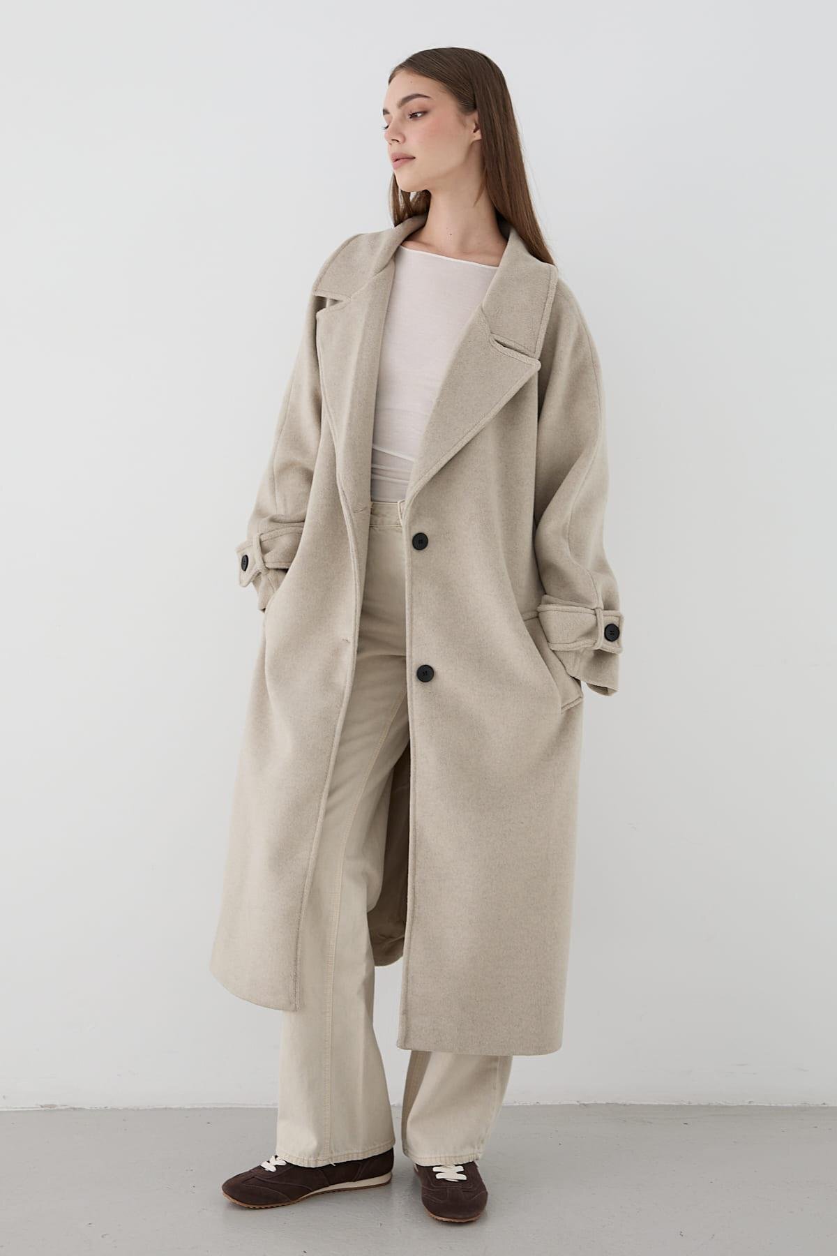 JASTE  Kadın Geniş Rever Yaka Kuşaklı Uzun Kaban VİZON - Görsel 2