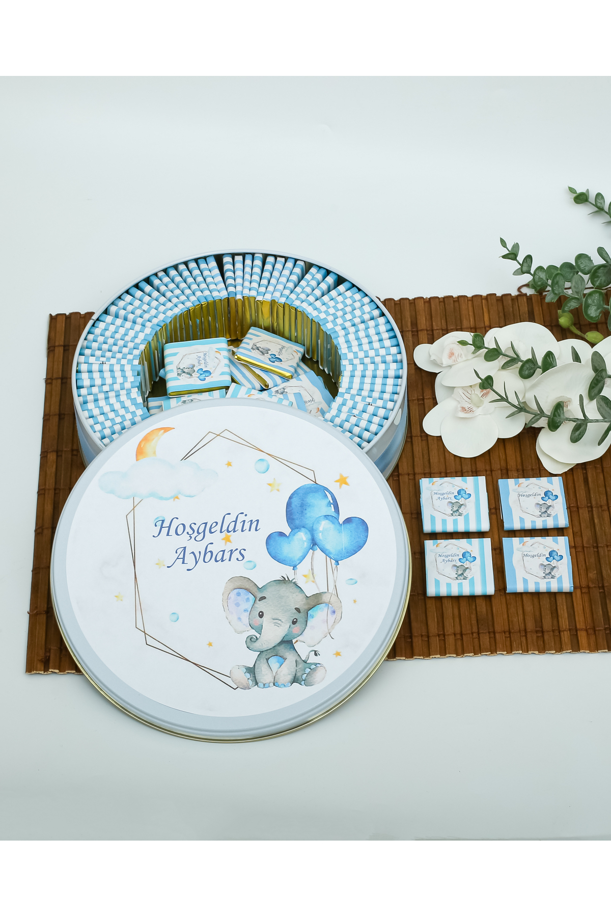 BUGİTO 80 Adet Mavi Balon Tutan Fil Temalı İsme Özel Hoşgeldin Erkek Bebek Doğum Günü Hediyelik Çikolata fotoğrafı 3 (önizleme)