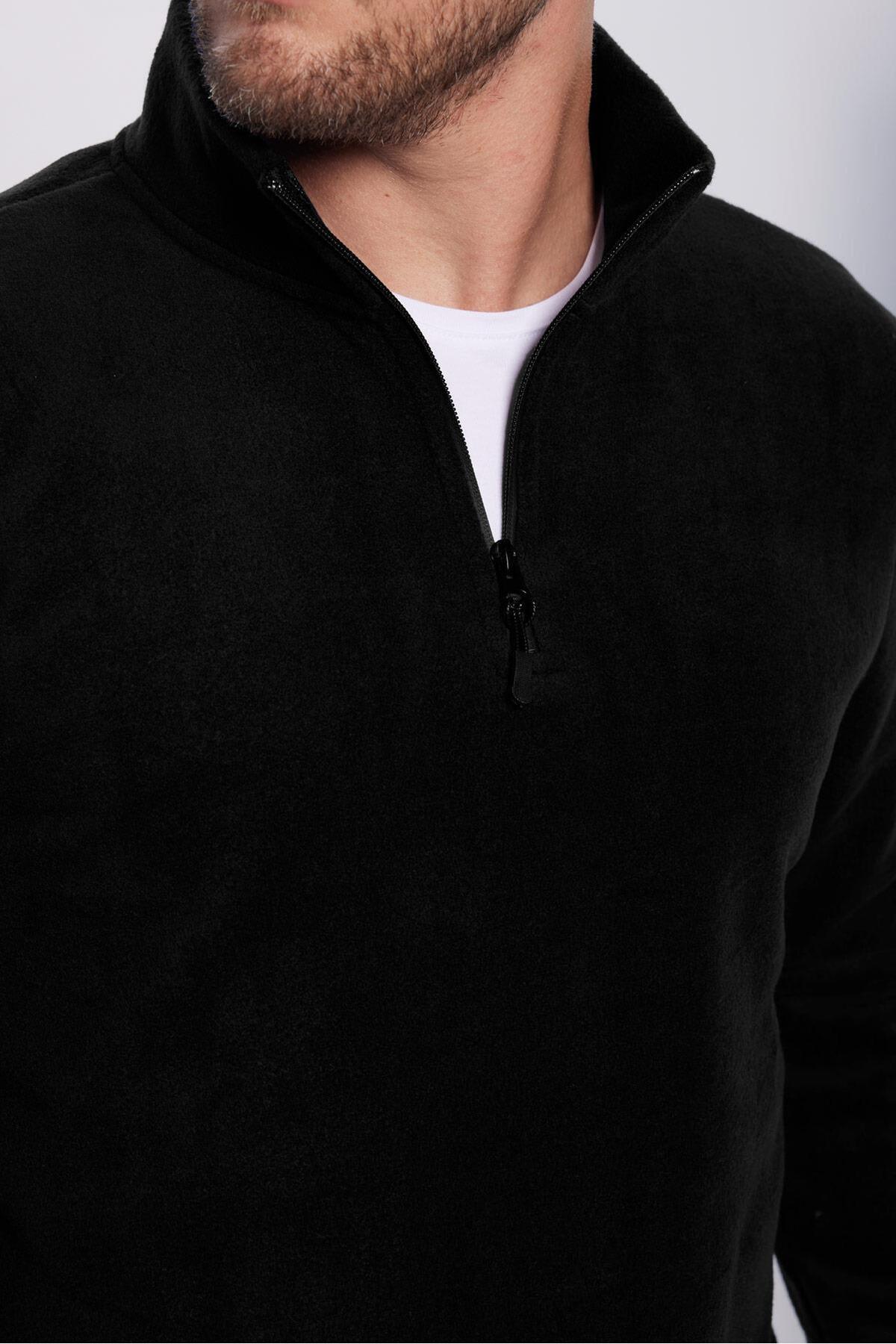 Tudors  Unisex Standart Fit Rahat Kesim Tüylenme Yapmayan Soğuk Geçirmez Siyah Dik Yaka Polar Sweatshirt - Görsel 5