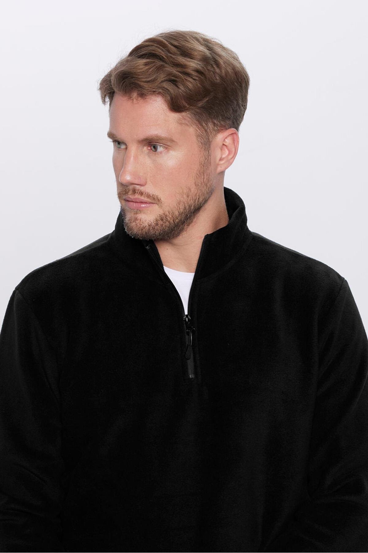 Tudors  Unisex Standart Fit Rahat Kesim Tüylenme Yapmayan Soğuk Geçirmez Siyah Dik Yaka Polar Sweatshirt - Görsel 7