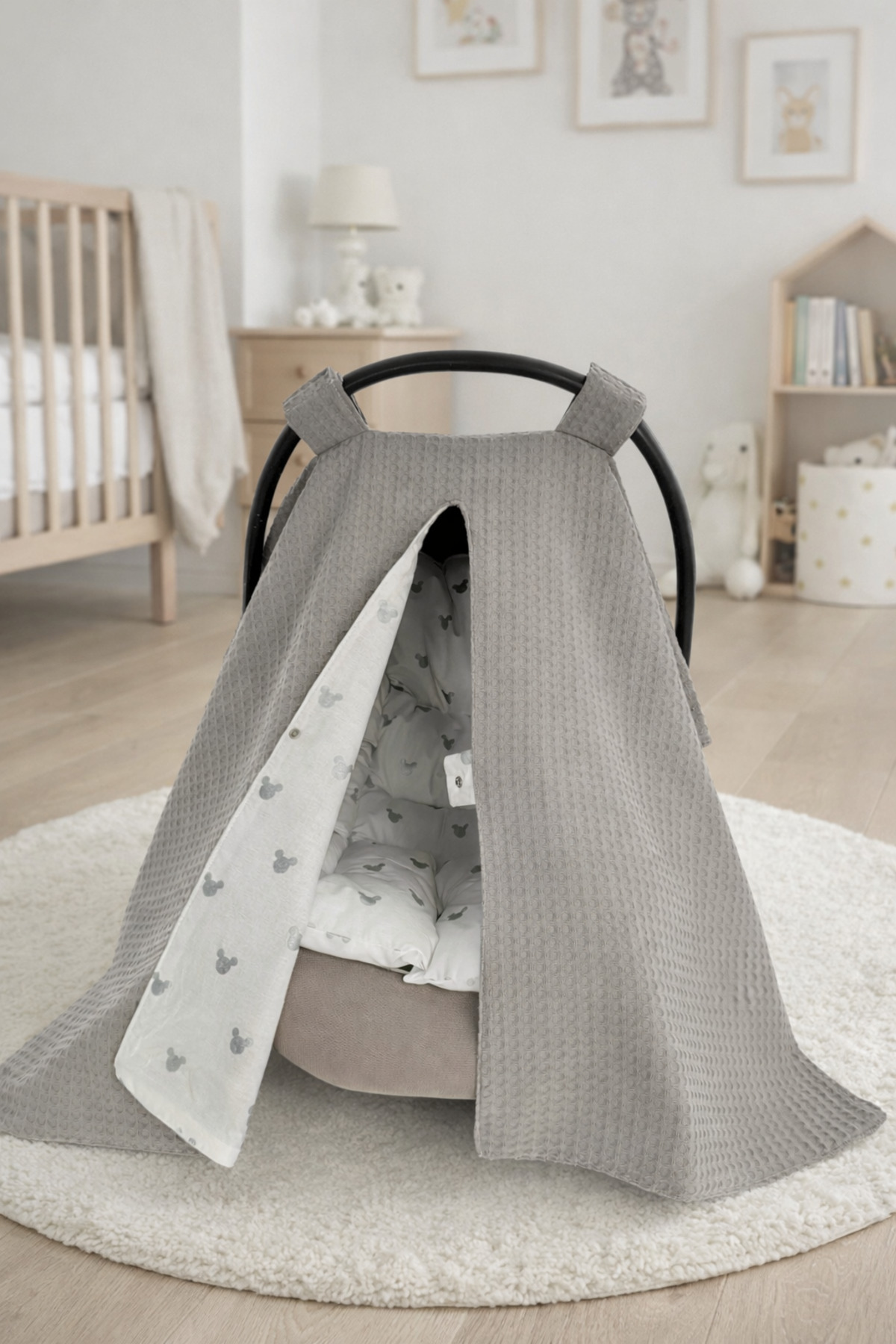 Jaju Baby Puset Örtüsü Ve Puset Minderi Gri Waffle Pike Ve Mickey Desen Tasarım fotoğrafı 2 (önizleme)