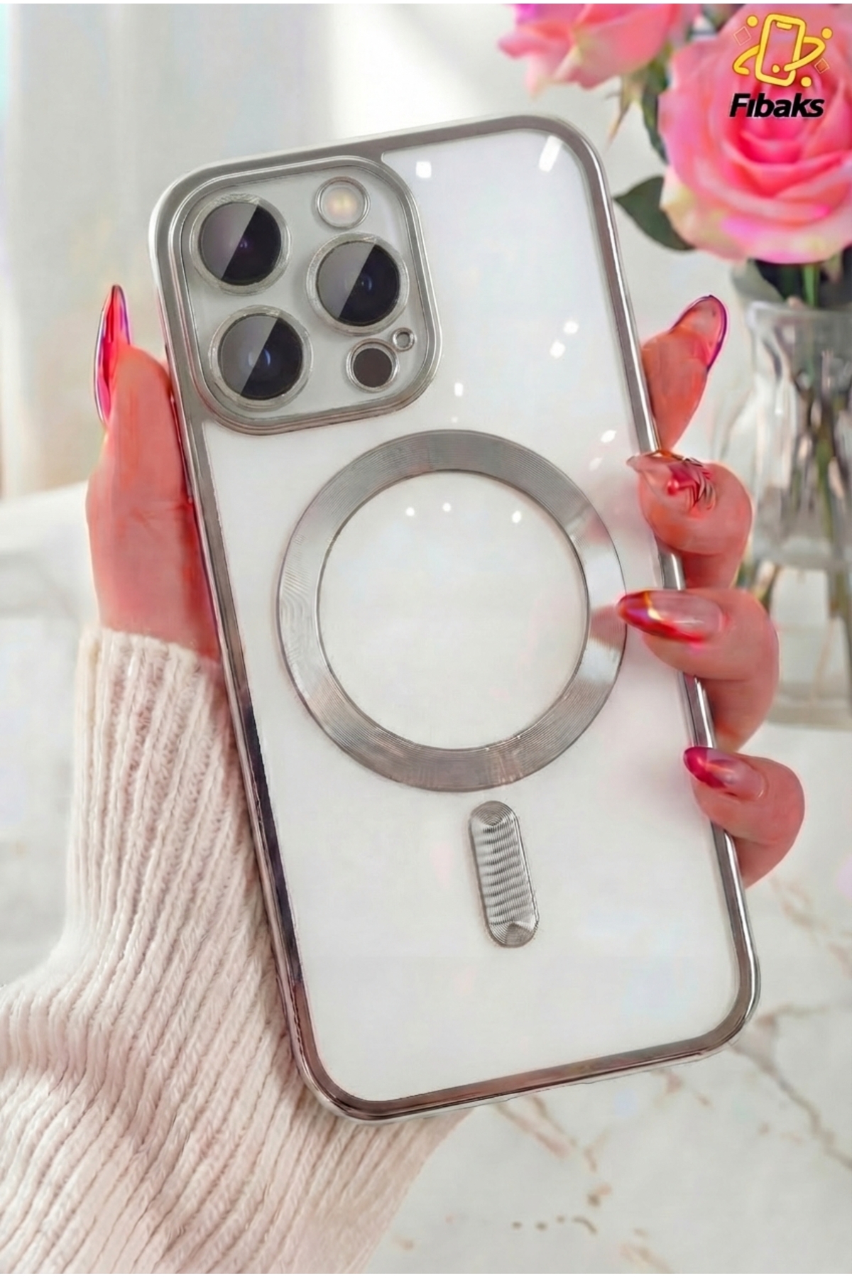 iPhone 15 Pro Case Camera Lens Protected Magsafe Charging Lock Transparent Color Soft Cover Silver