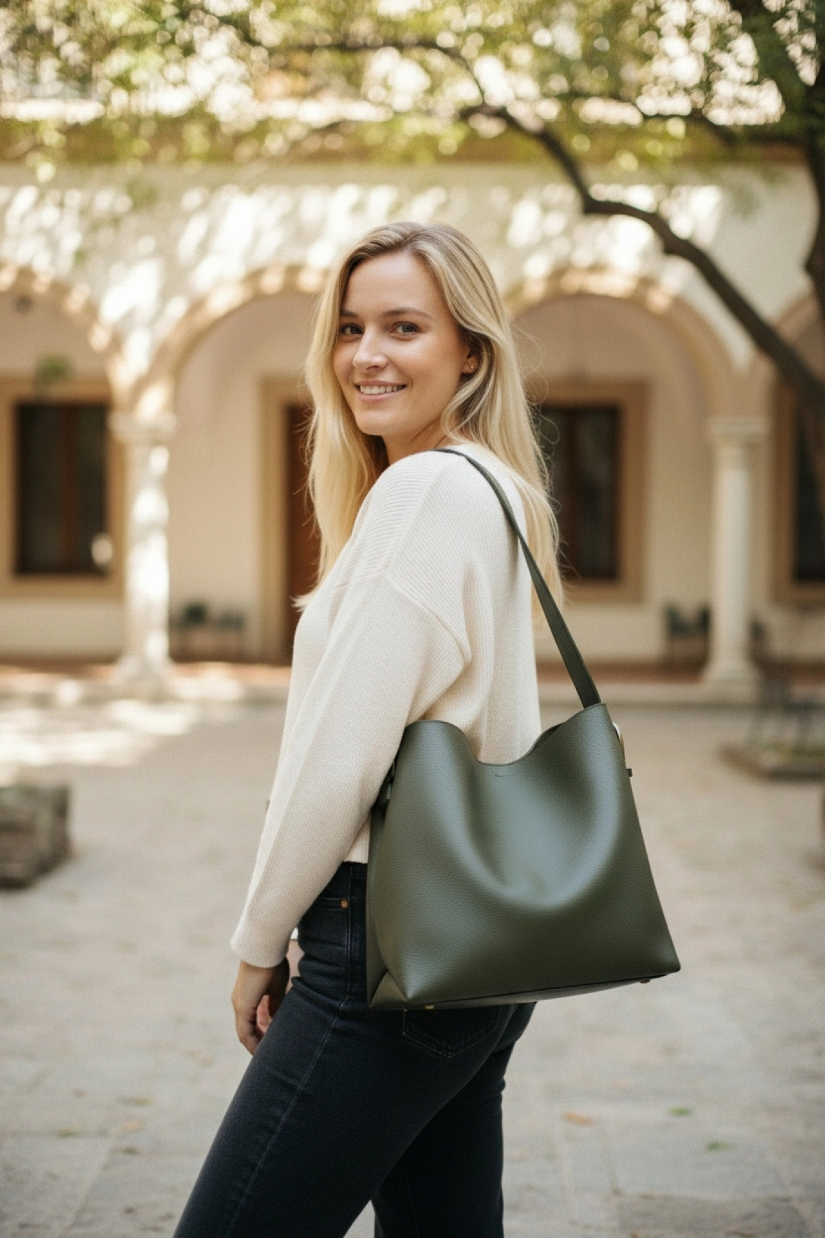 Nastroy Oversized Belt Detailed Shopper Khaki Skin Women's Shoulder Bag with Snap Closure