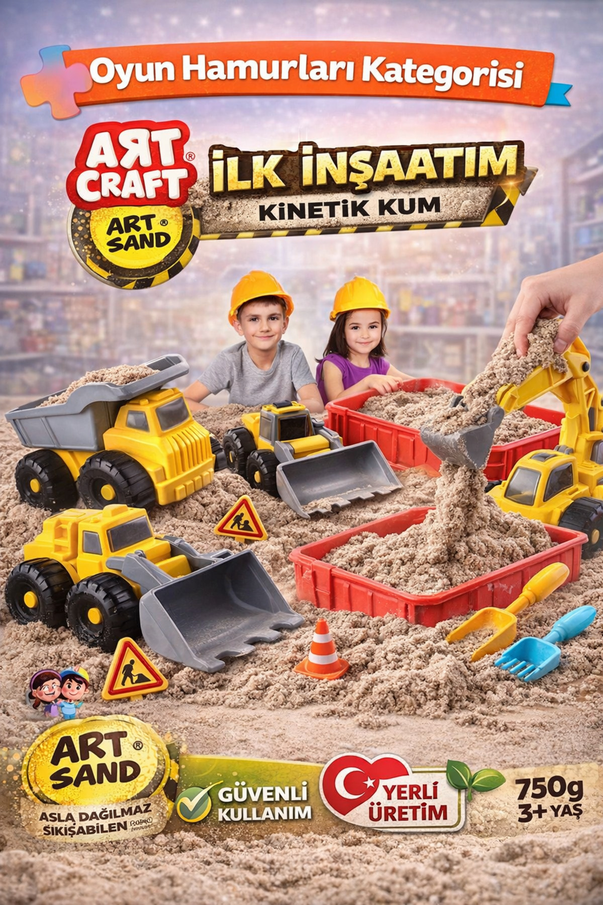 Sayıcı Kids Iş Makinleri Sand Set (750 Gr.) - Art Craft Kinetic Sand Set + Motor Skills Educational and Fun