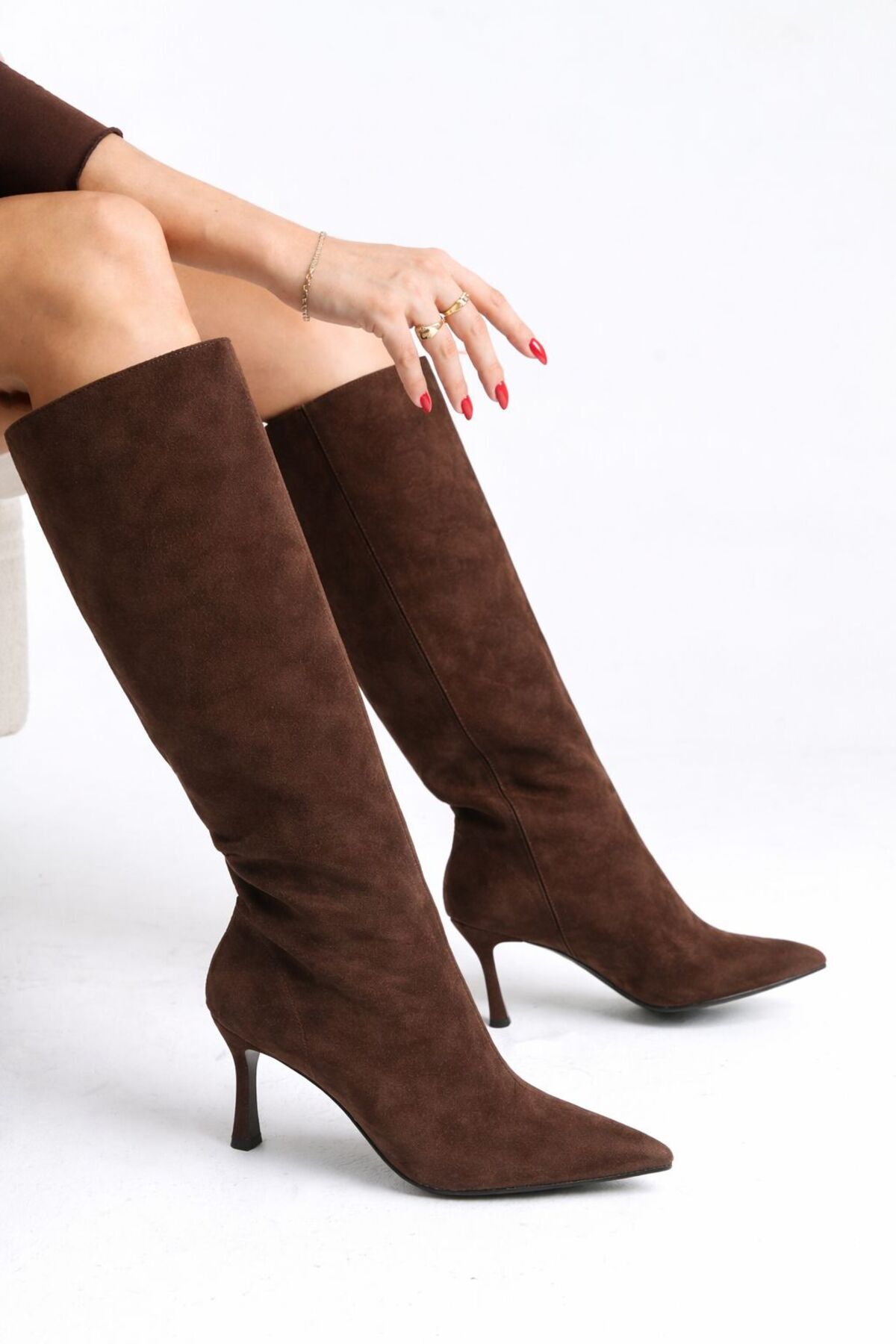 LDR  Kadın Kahve Süet İnce Topuk Sivri Burun Diz Altı Çizme - Görsel 5