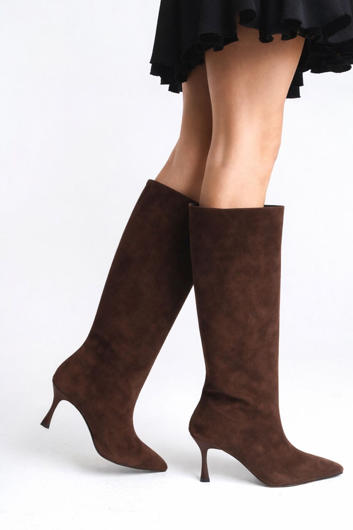 LDR  Kadın Kahve Süet İnce Topuk Sivri Burun Diz Altı Çizme - Görsel 3