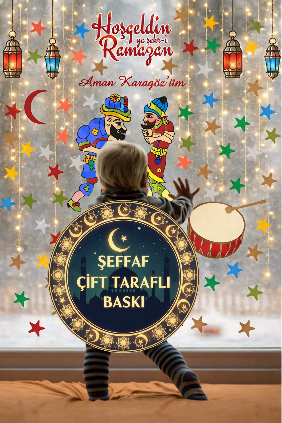 Ramadan Hacivat - Karagöz Themed Glass Wall Ornaments Double Sided Sticker Set
