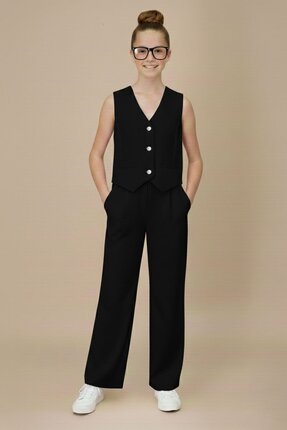 Cansın Mini Siyah V Yaka Düğmeli Yelekli Geniş Paça Pantolonlu Kız Çocuk 2li ...