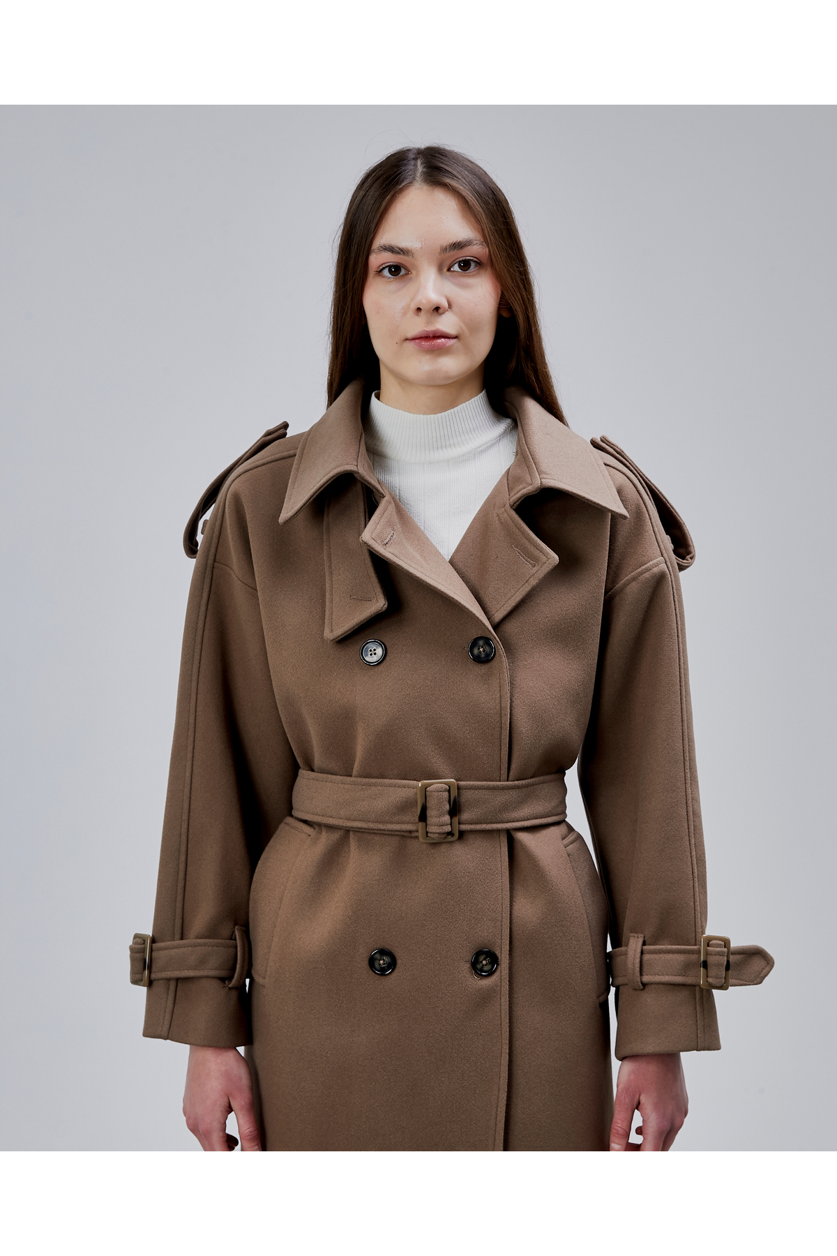 Bolivente  Kuşaklı Oversize Kaşe Kaban - Görsel 4