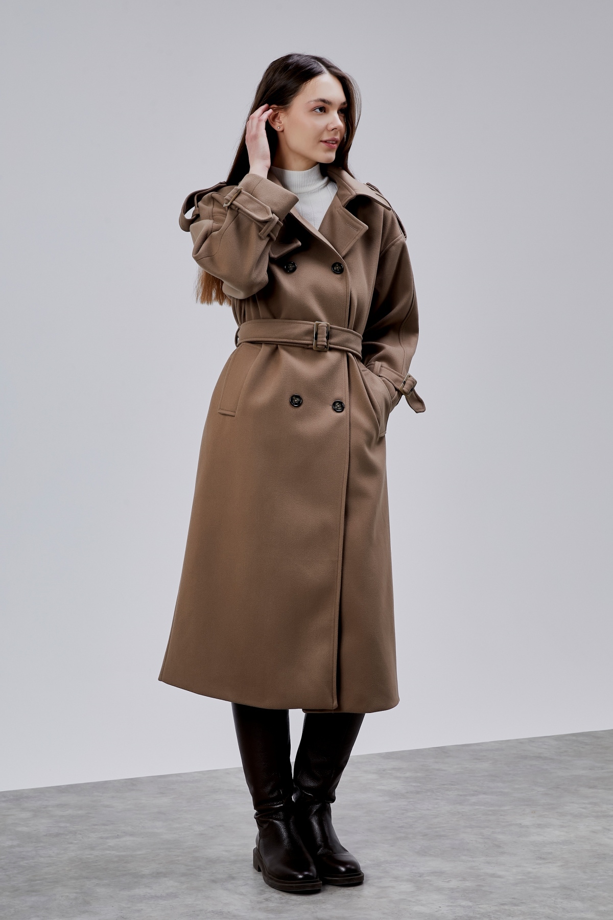 Bolivente  Kuşaklı Oversize Kaşe Kaban - Görsel 6