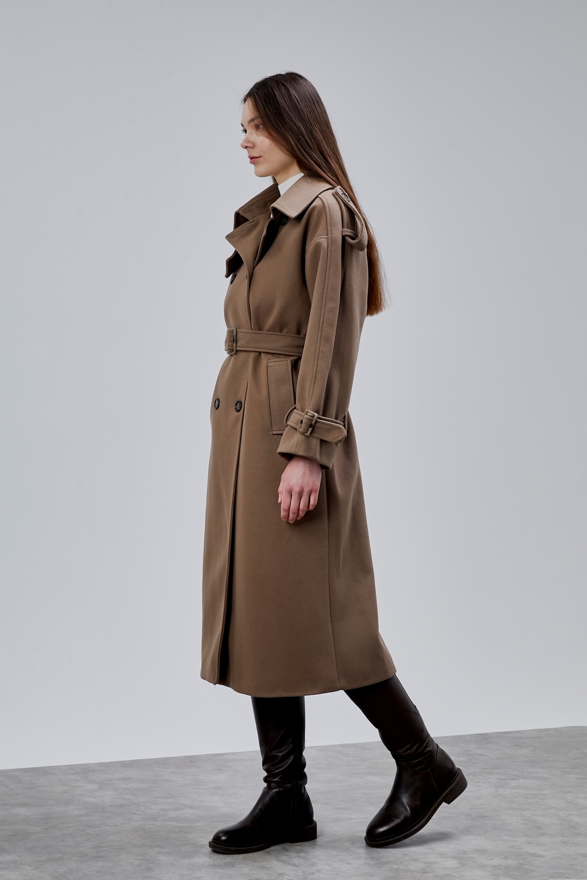 Bolivente  Kuşaklı Oversize Kaşe Kaban - Görsel 8