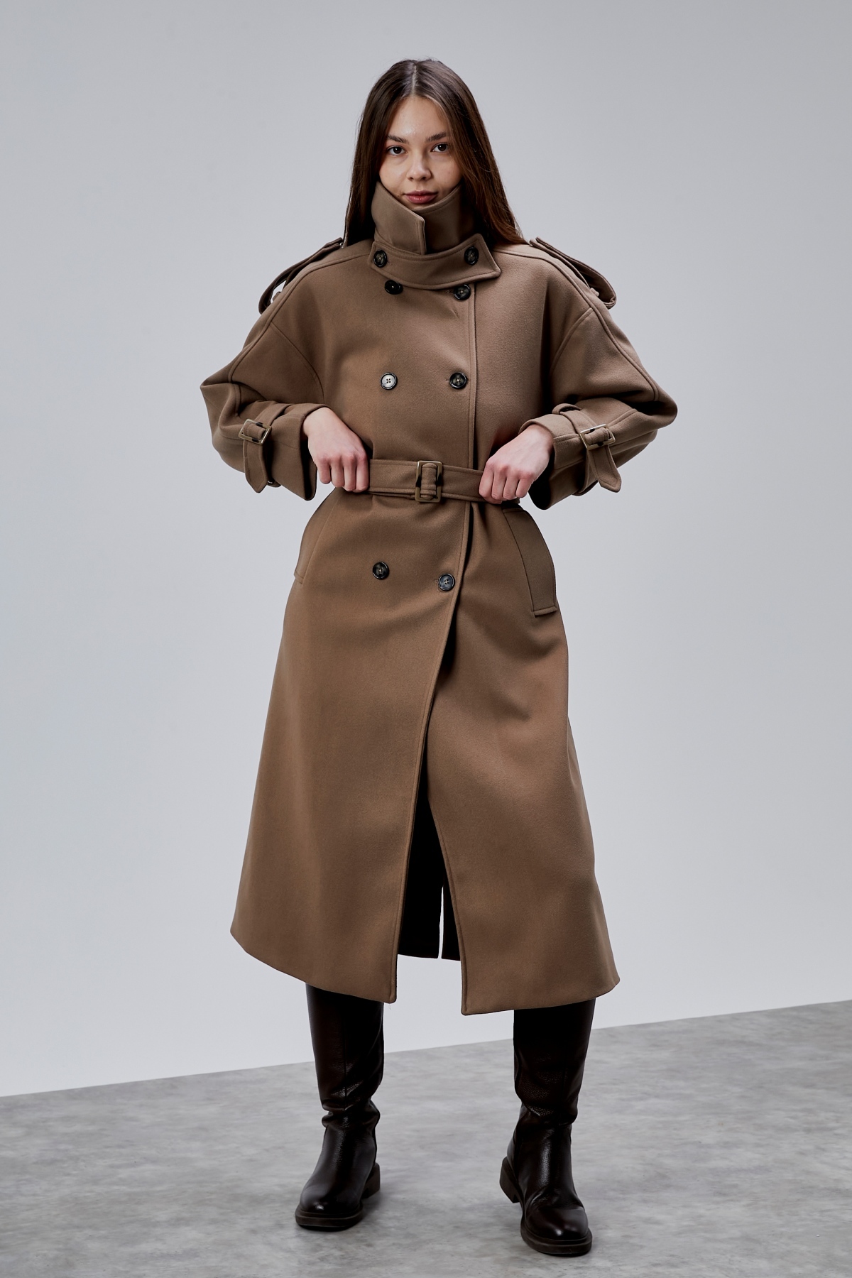 Bolivente  Kuşaklı Oversize Kaşe Kaban - Görsel 9