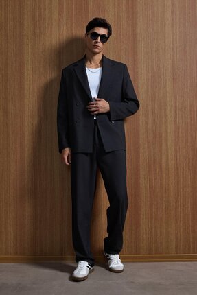 ablukaonline Erkek Oversize Rahat Kalıp Kruvaze Takım Elbise Siyah