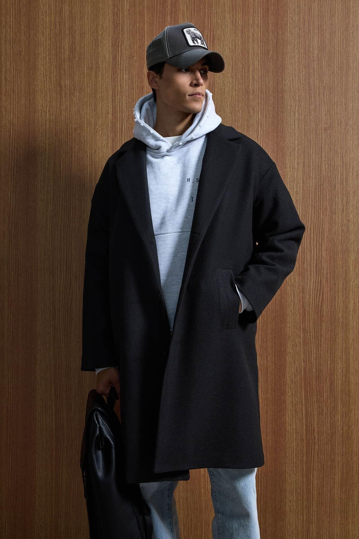 ablukaonline  Erkek Oversize Düğmeli Kaşe Kaban Siyah - Görsel 5