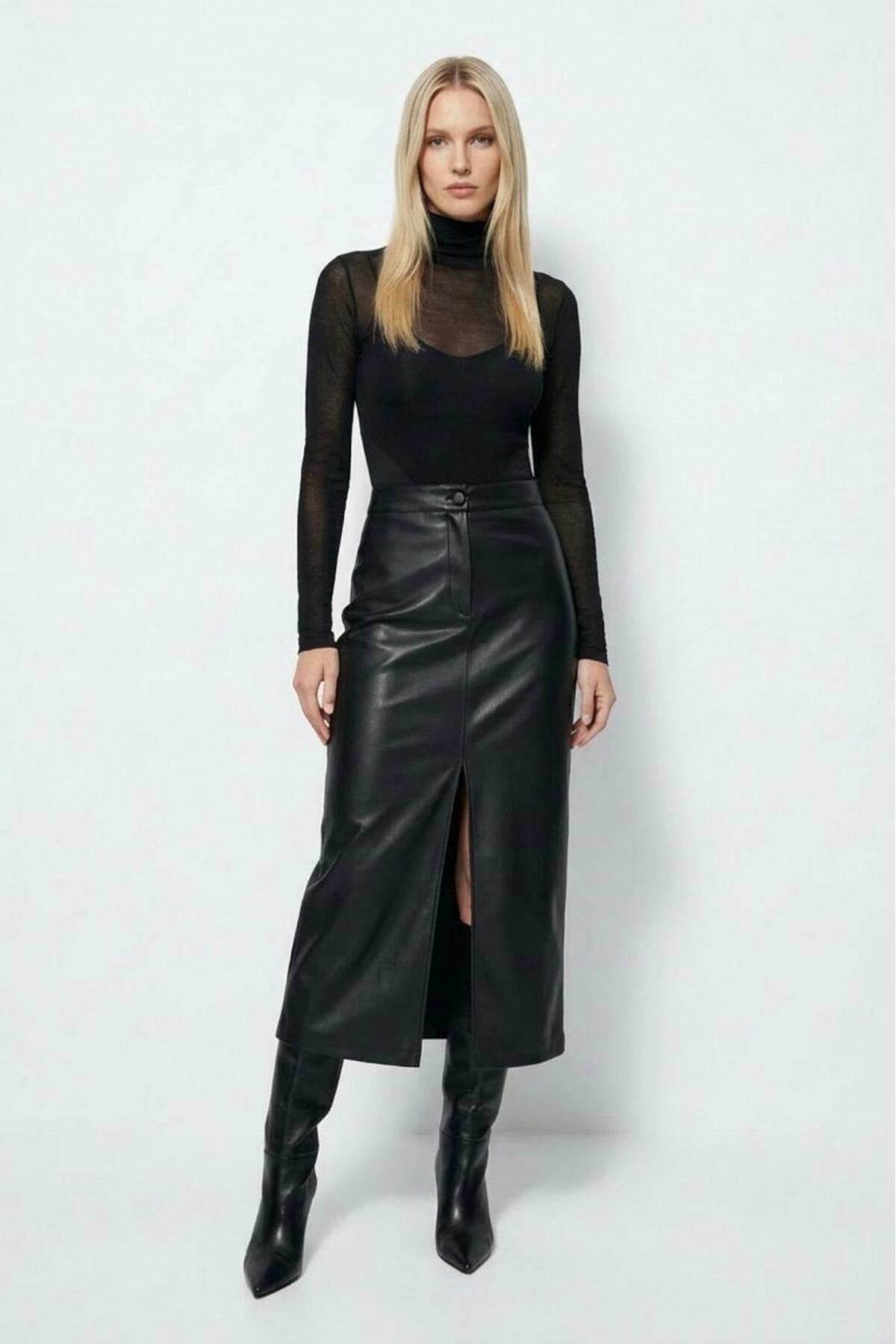 Grenj Fashion Černá maxi sukně z umělé kůže s vysokým pasem