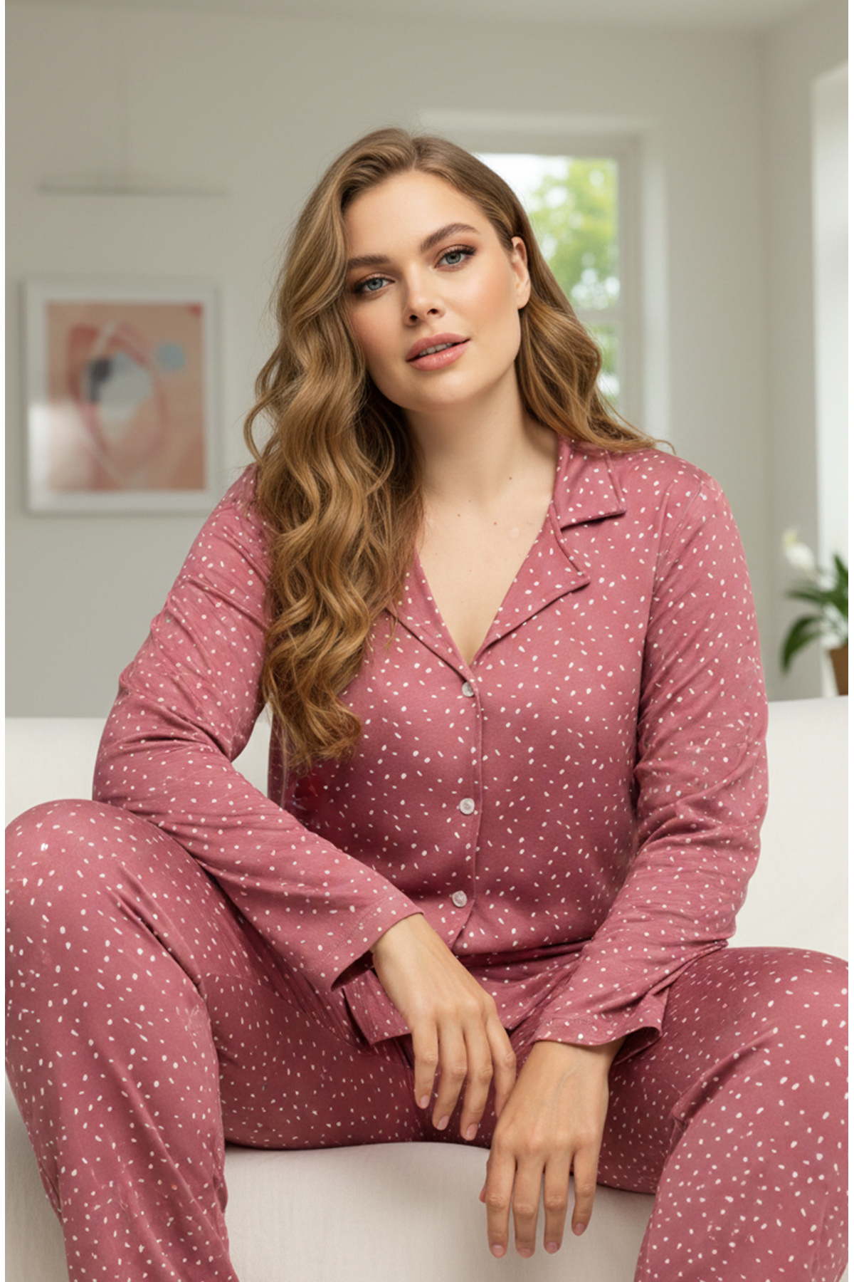 Siyah İnci gül kurusu Büyük Beden Battal Boy Gömlek Yaka Düğmeli Milan Örme Pijama Takım25224335