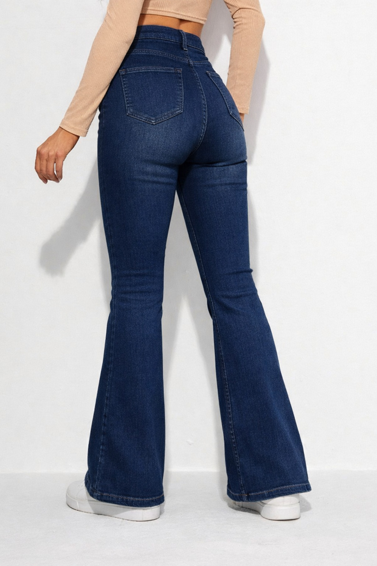 By Caspita Fashion Kadın Yüksek Bel Koyu Mavi İspanyol Paça Power Likra Kot Denim Jean görsel 2