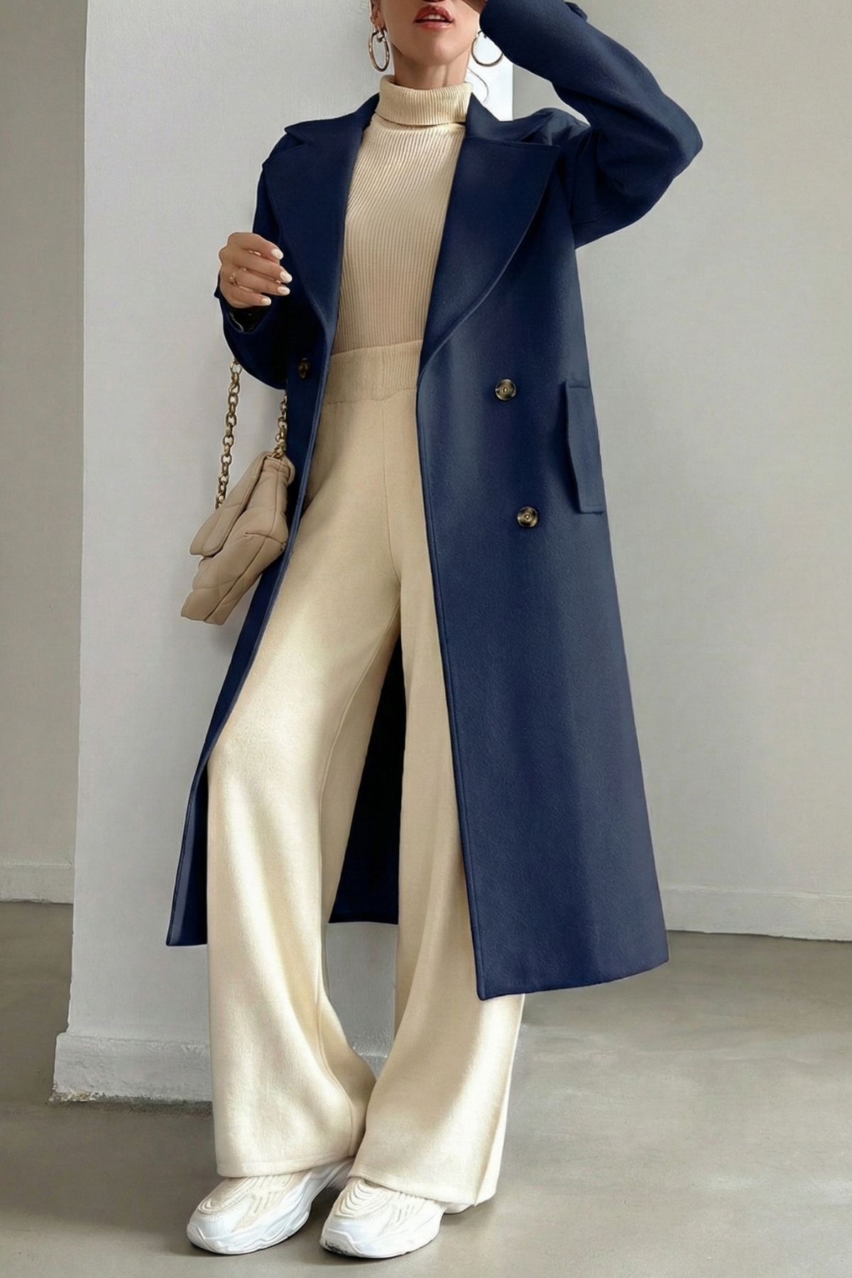 diaves  Lacivert Astarlı Manşet ve Cep Detay Uzun Kaşe Kaban - Görsel 2