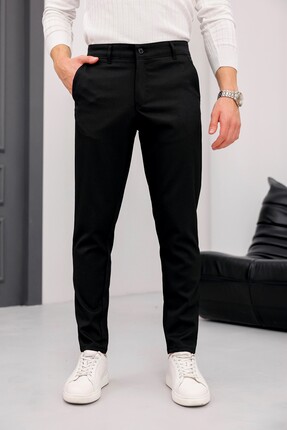 MODAMESTO Erkek Slim Fit Siyah Likralı Keten Pantolon