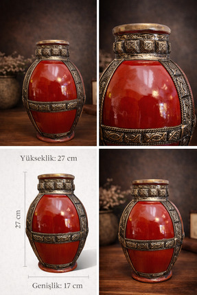 EL İŞİ Eski Gümüş İşlemeli Otantik Vazo - Dekoratif Kırmızı Seramik Küp