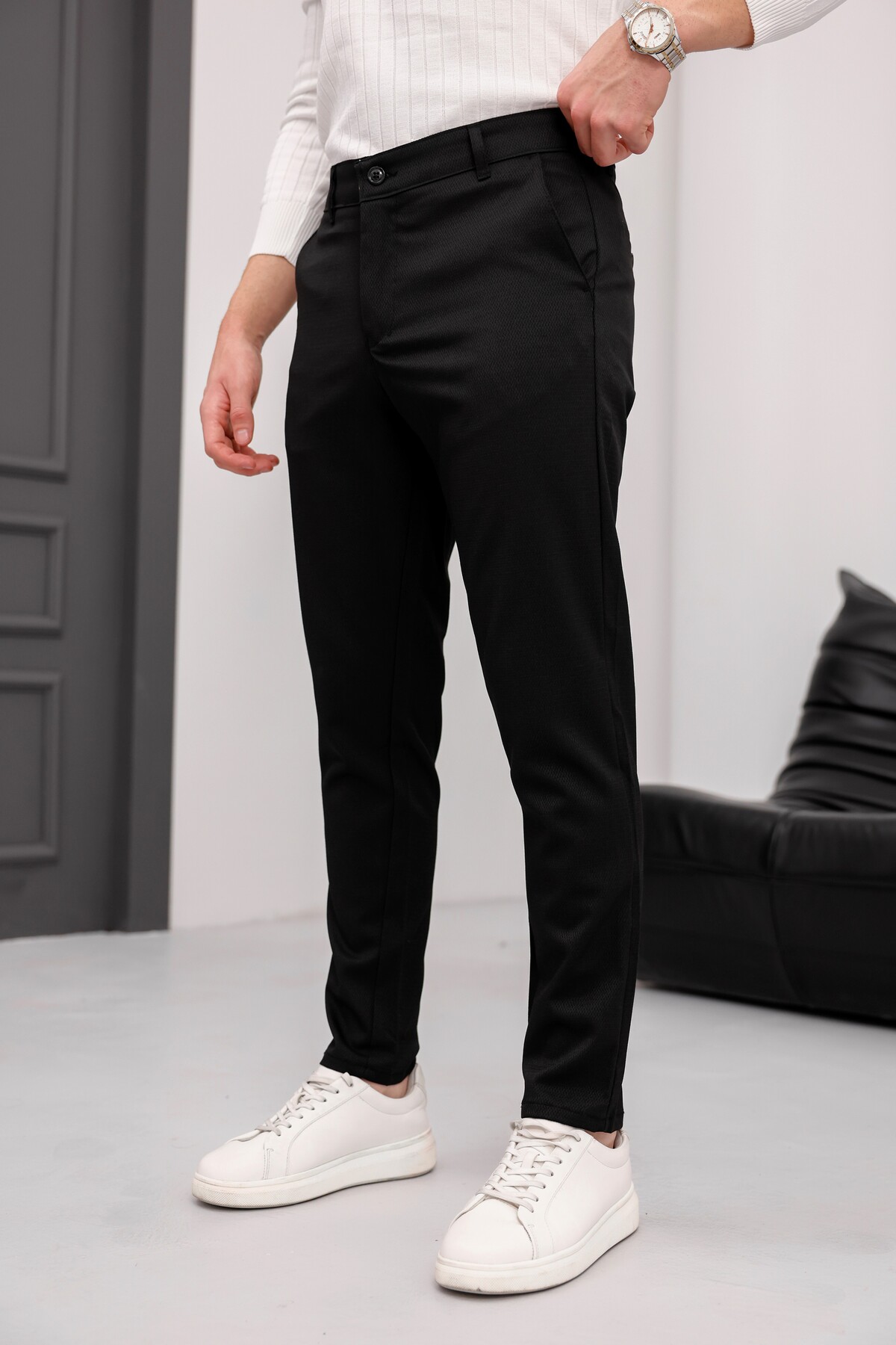 MODAMESTO Erkek Siyah Slim Fit Armür Desenli Likralı Pantolon görsel 5