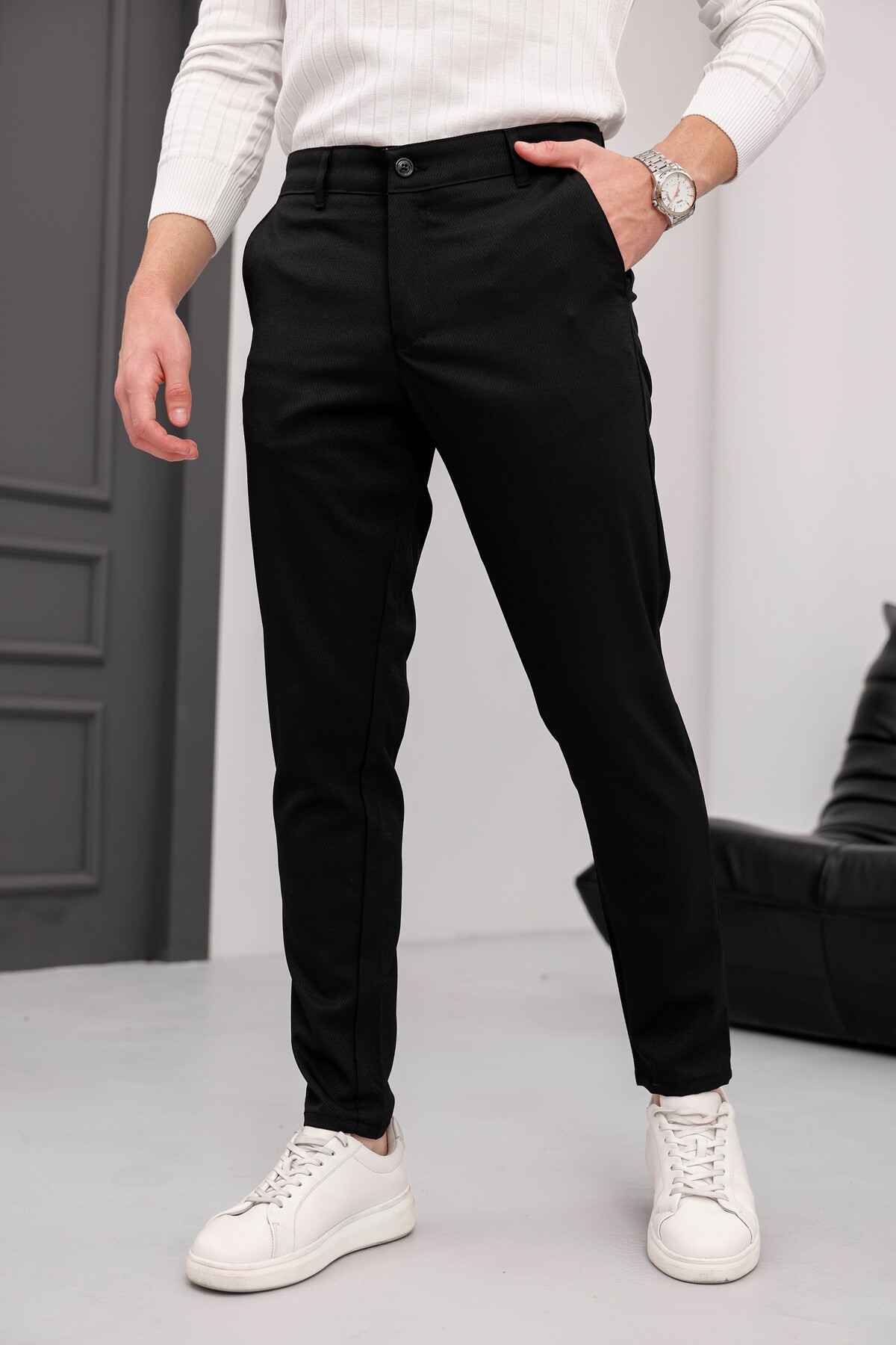 MODAMESTO Erkek Siyah Slim Fit Armür Desenli Likralı Pantolon görsel 6