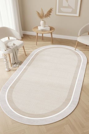 West Home Makinede Yıkanabilir Kaymaz Taban Leke Tutmaz Bej Oval Mutfak Halıs...