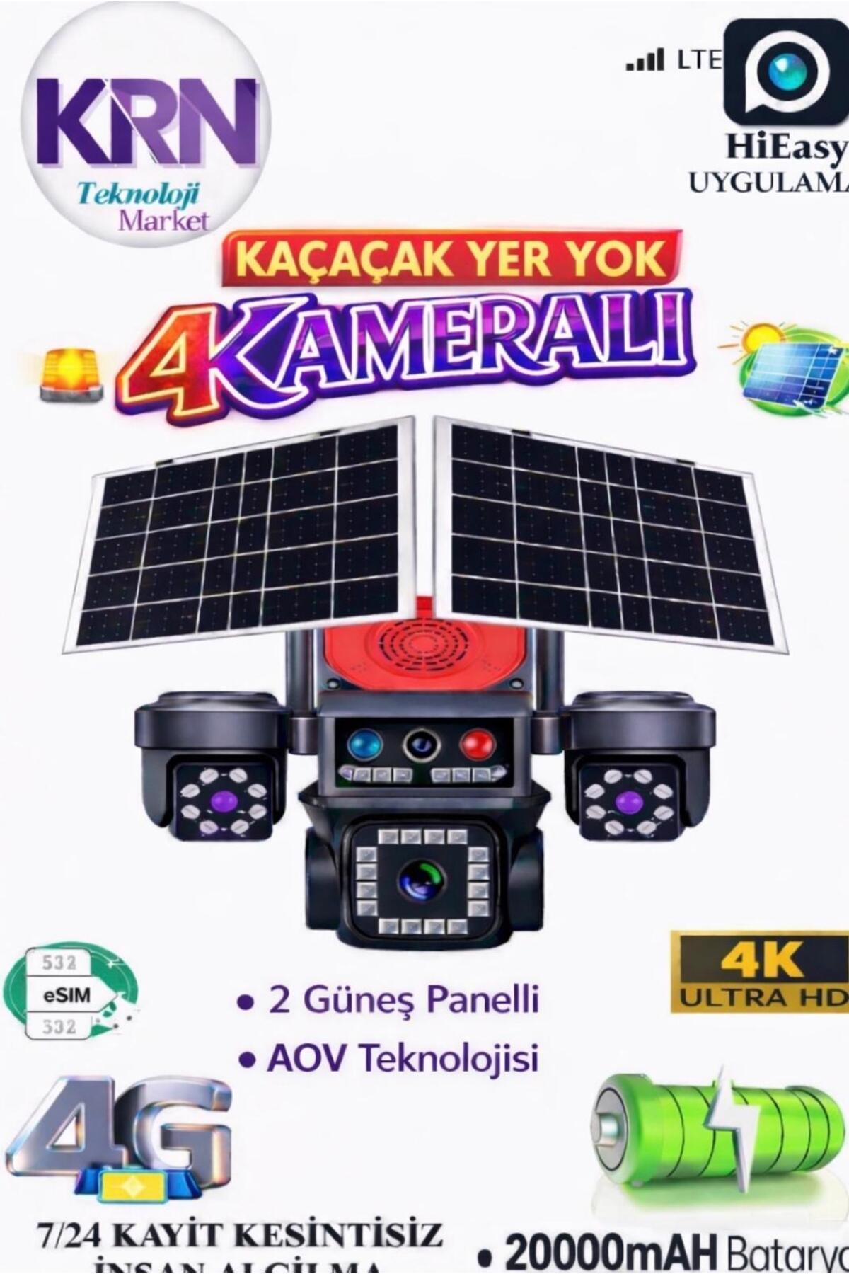 Avenir KRNTEKNO 4 Kameralı E-SIM Güneş Enerjili Güvenlik Kamerası–Çift Güneş Paneli, SIM Kartlı AOV Kamera