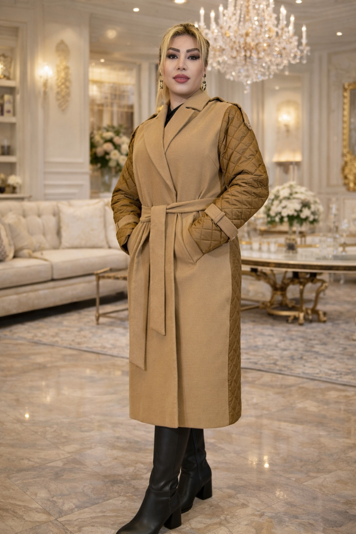 Yeşilmoda kaşe kaban şişme mont ,kardigan, kemerli açık kahve kaşe, kişlik ,uzun kaşe,astarli ,detayli