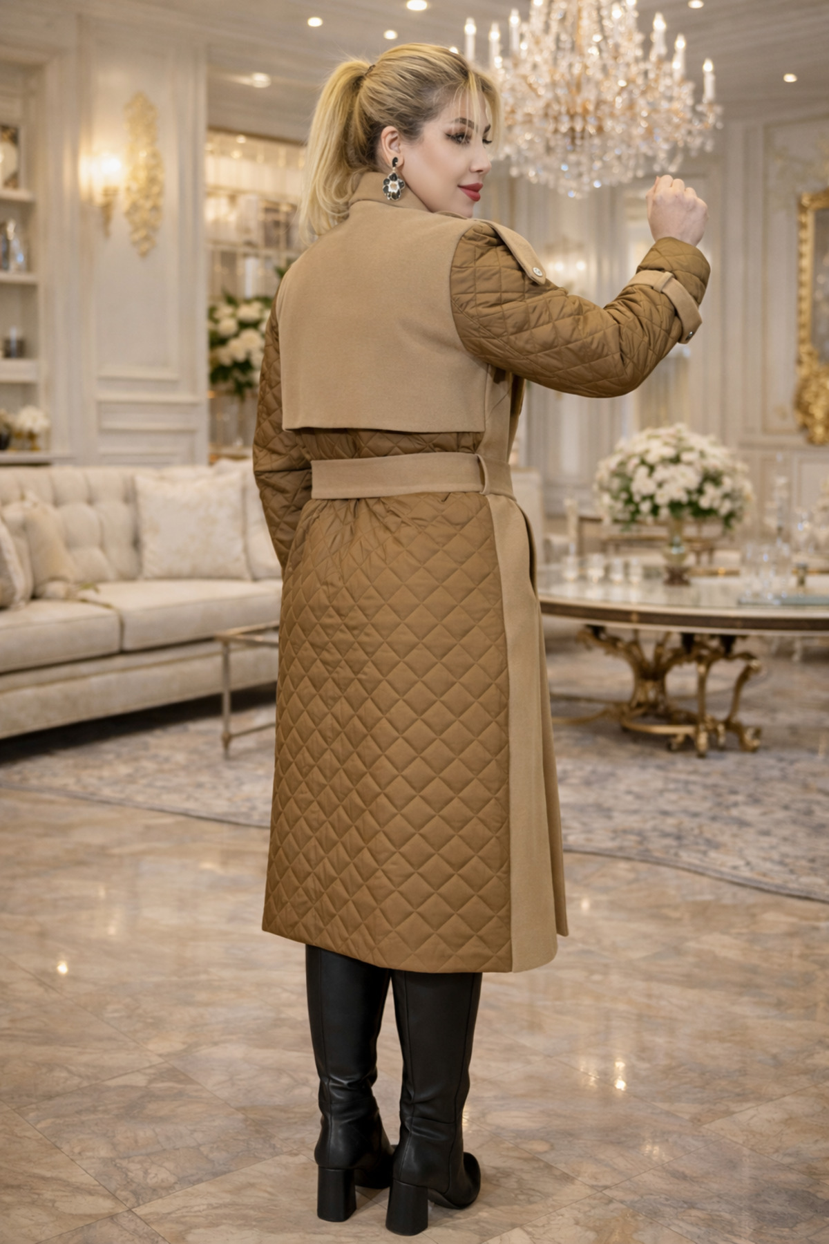 Yeşilmoda kaşe kaban şişme mont ,kardigan, kemerli açık kahve kaşe, kişlik ,uzun kaşe,astarli ,detayli görsel 7
