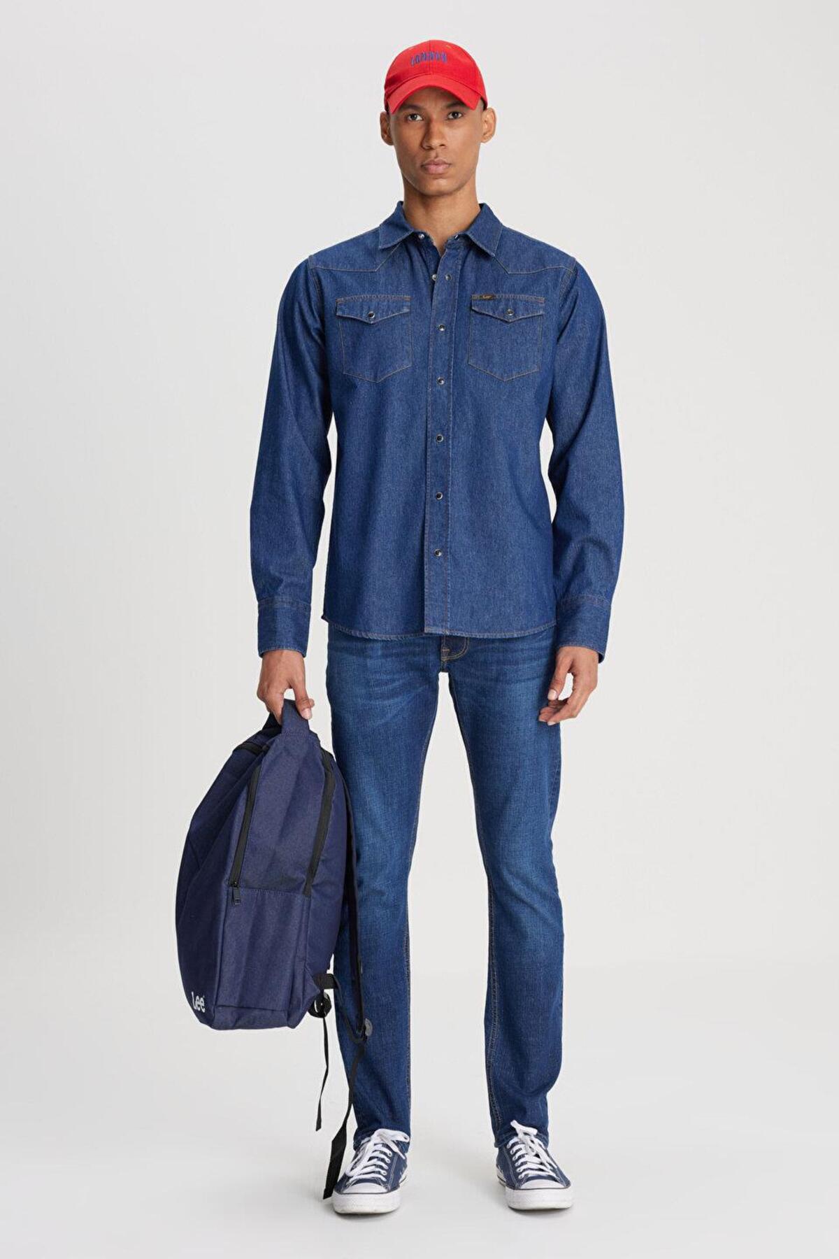 Lee  Slim Fit Dar Kesim Normal Bel Dar Paça Luke Koyu Mavi Jean Kot Pantolon - Görsel 6