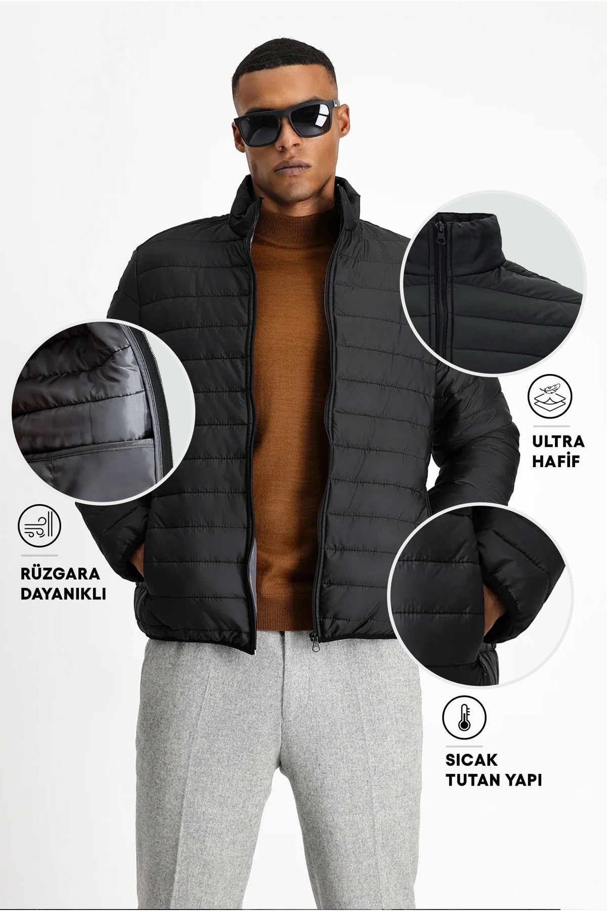 Kiğılı  Dik Yaka Fermuarlı Cepli Rüzgara Dayanıklı Sıcak Tutan Kapitone Spor Mont