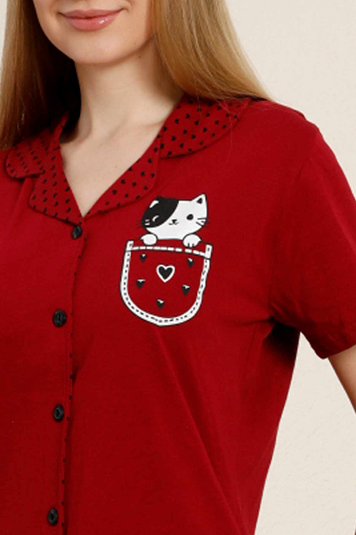 Nisanca  Kadın Kırmızı Büyük Beden Mevsimlik Önden Düğmeli Pijama Takımı - Görsel 7