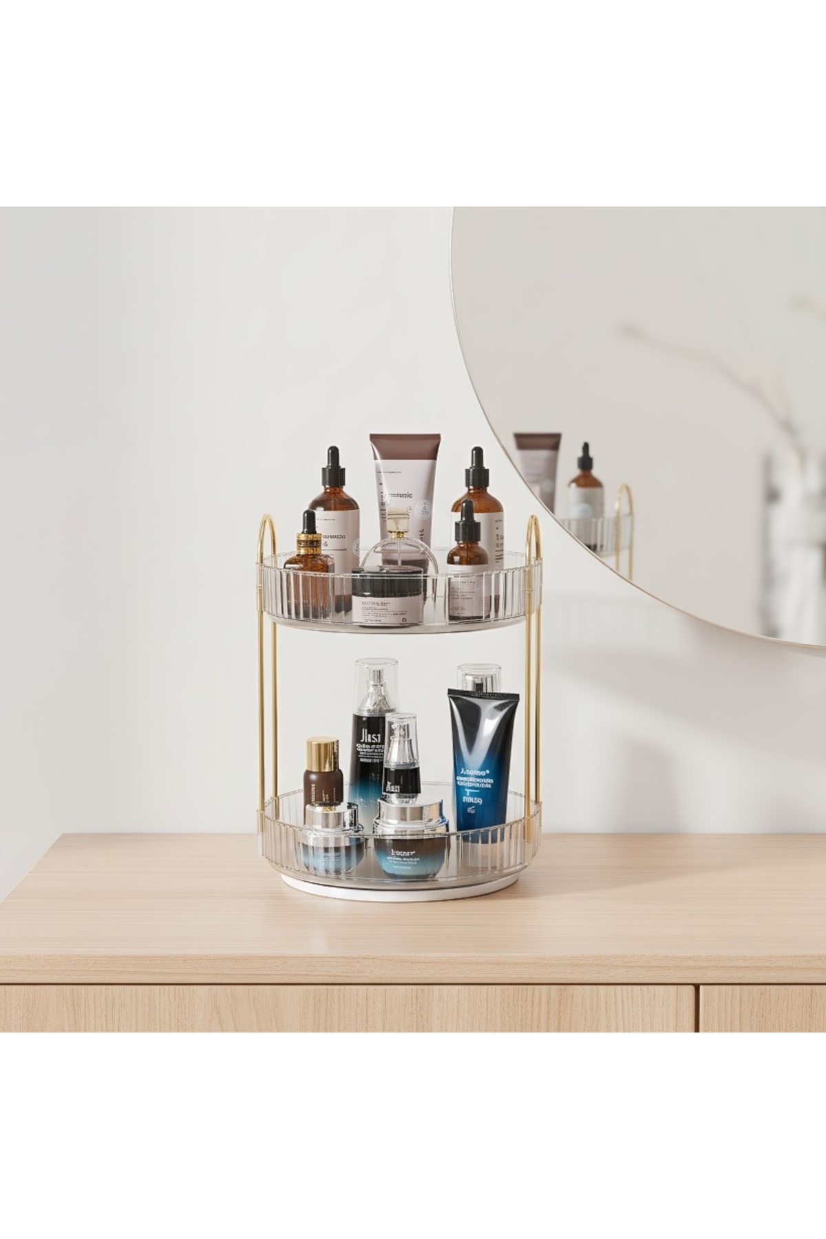 Shangxing منظم مستحضرات تجميل مزدوج الطبقات قابل للدوران 360 درجة، موفر للمسا...