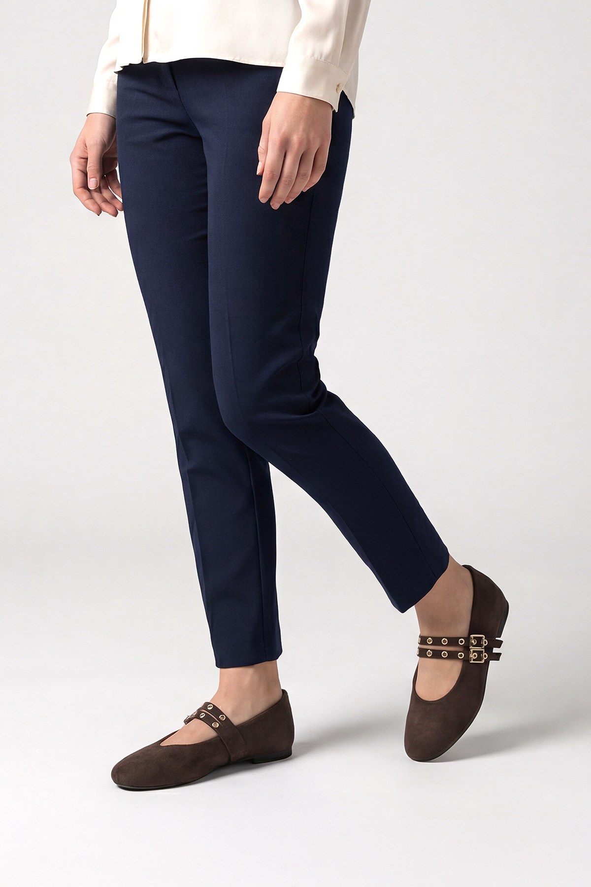 Marjin  Kadın Çift Bantlı Zımbalı Günlük Babet Bekosa Kahve Süet - Görsel 4