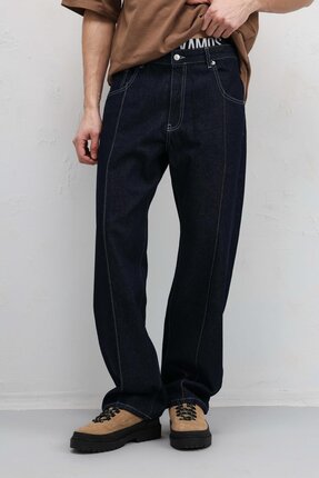 VAMOSCLO Dikiş Detaylı Relaxed Fit Jean Koyu Mavi