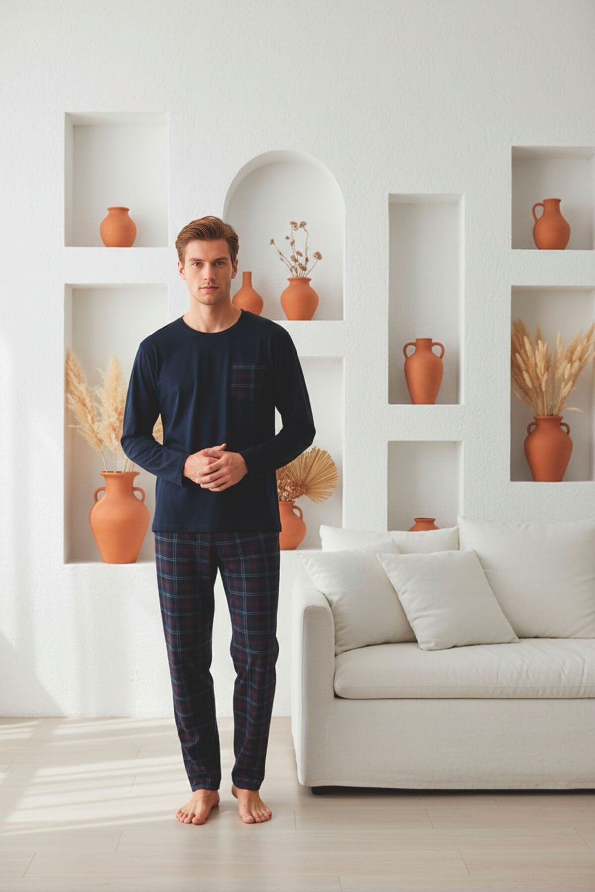 Sude HOMEWEAR  Erkek Ekoseli Cepli Uzun Kollu Pijama Takımı - Görsel 2