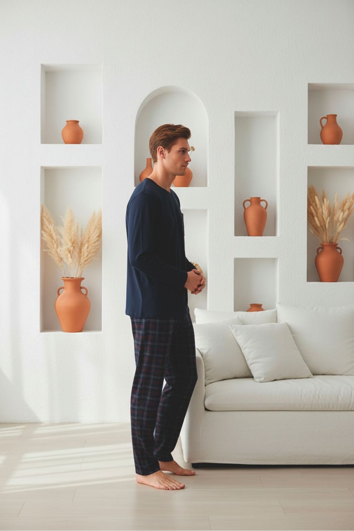 Sude HOMEWEAR  Erkek Ekoseli Cepli Uzun Kollu Pijama Takımı - Görsel 4